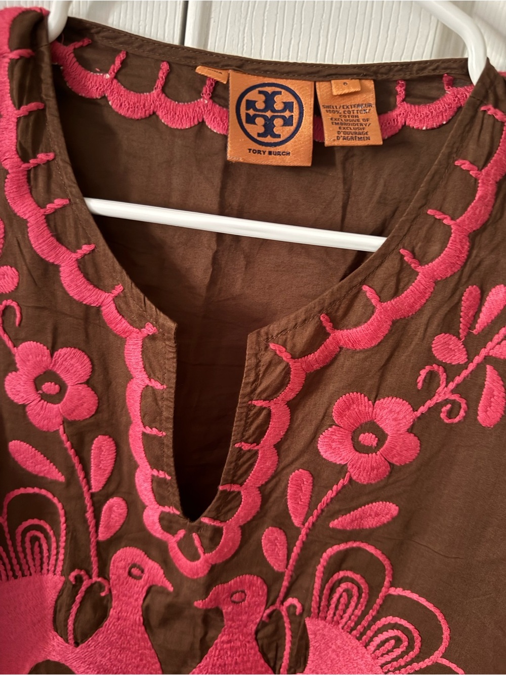 Tory Burch Brown Tunic with Hot Pink Embroidered Peacocks - Picture 4 of 4